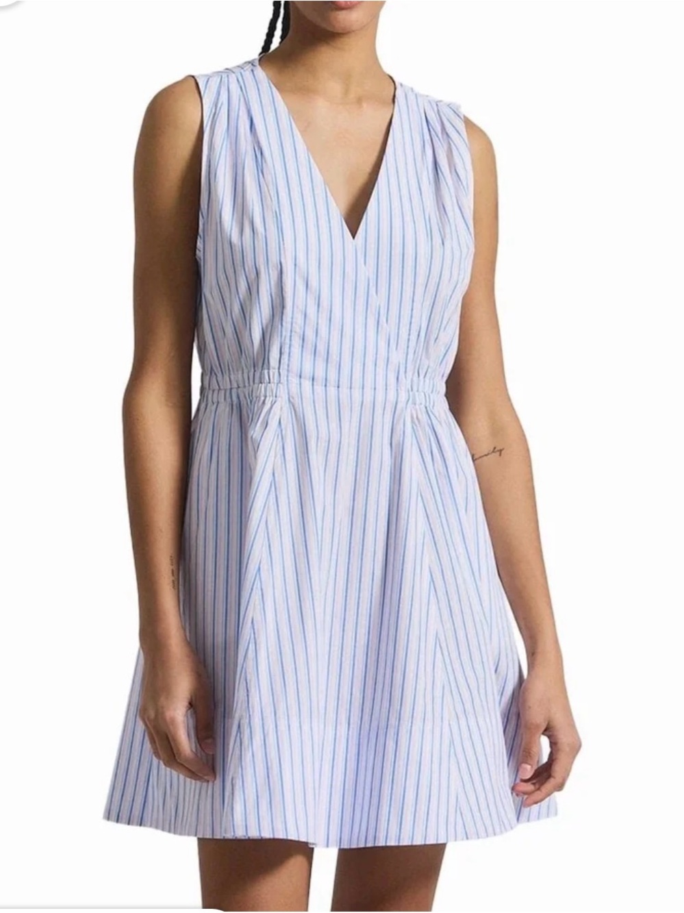 DEREK LAM IO CROSBY Sleeveless V-Neck Blue & White Striped Summer Dress